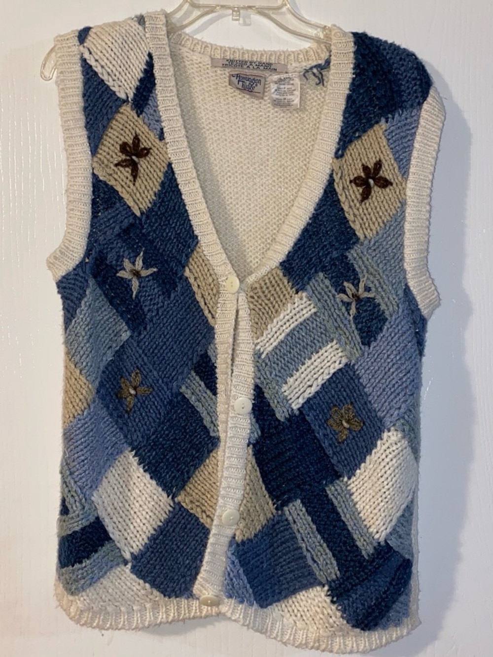 Vintage Patchwork Blue & Cream Knit Button-Front Vest